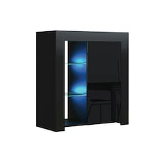 Sideboard 75cm Black Gloss Door Black Matt Body Glass Shelves Free LED | Black