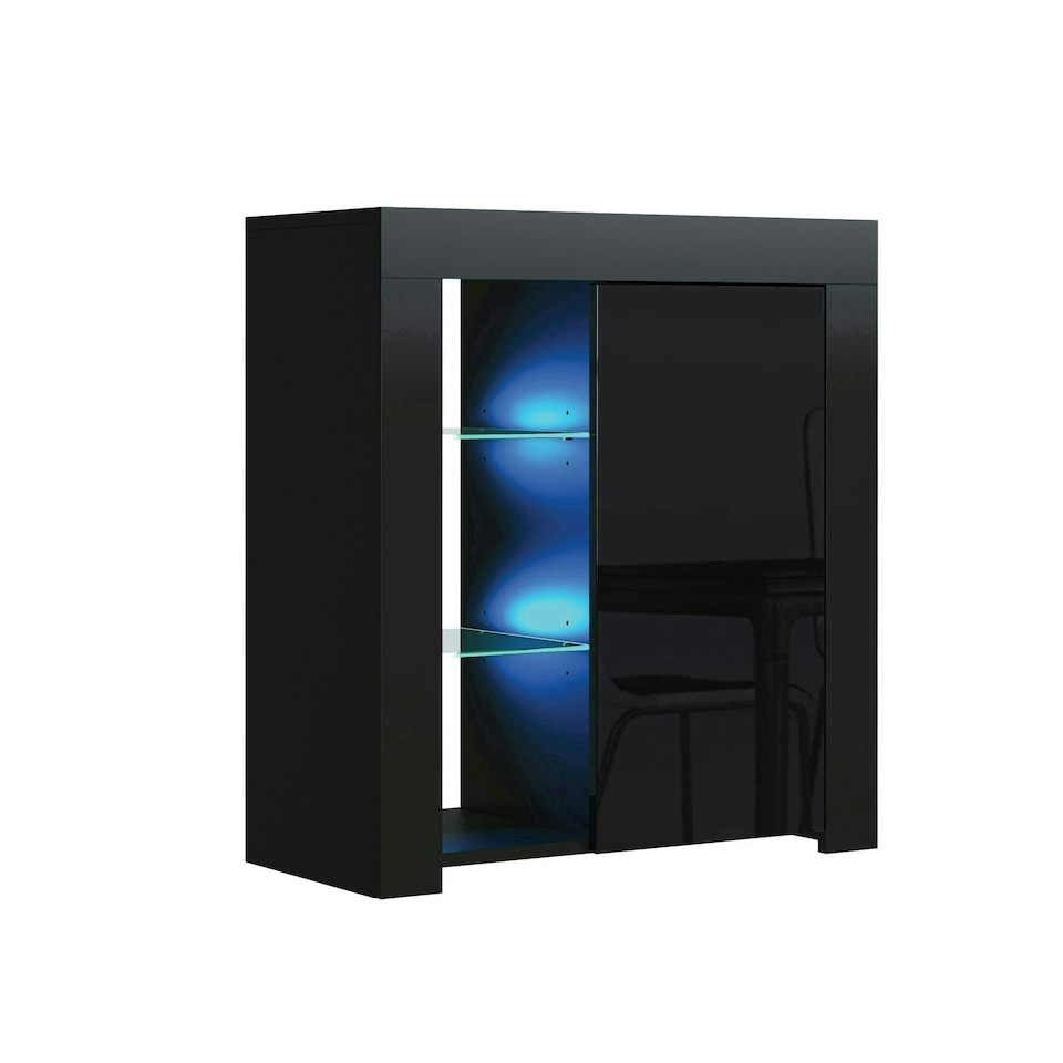 image 1 of Sideboard 75cm Black Gloss Door Black Matt Body Glass Shelves Free LED | Black