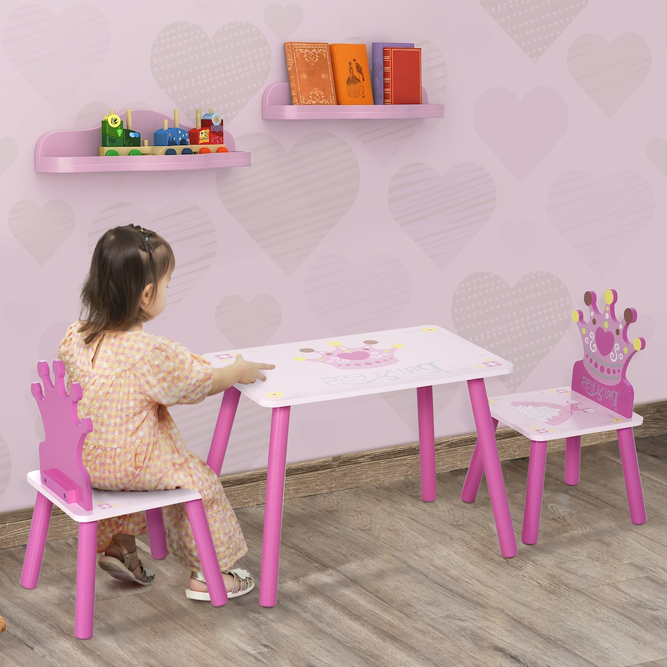 image 1 of HOMCOM 3 Pcs Kids Princess & Crown Chair Table Set Home Furniture 2-4 Yrs | Pink