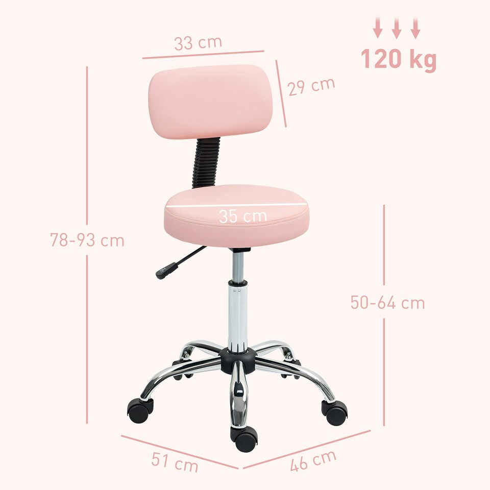 image 1 of HOMCOM Rolling Stool with Backrest, Wheels Pink