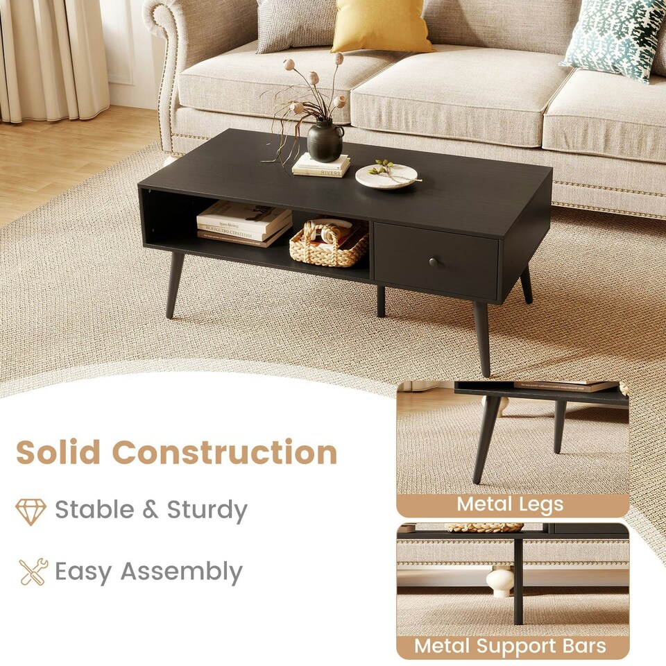 image 1 of COSTWAY 109 CM Coffee Table with Drawer and Storage Shelf Black Black