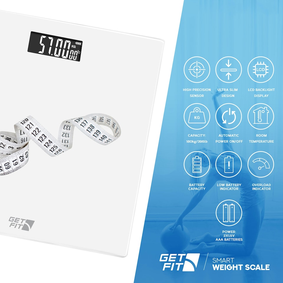 image 1 of Get Fit Bathroom Scales - Monitor Weight Loss - Digital Weighing Scale with High Precision Strain Gauge Sensor, LCD Display & Automatic On/Off - White