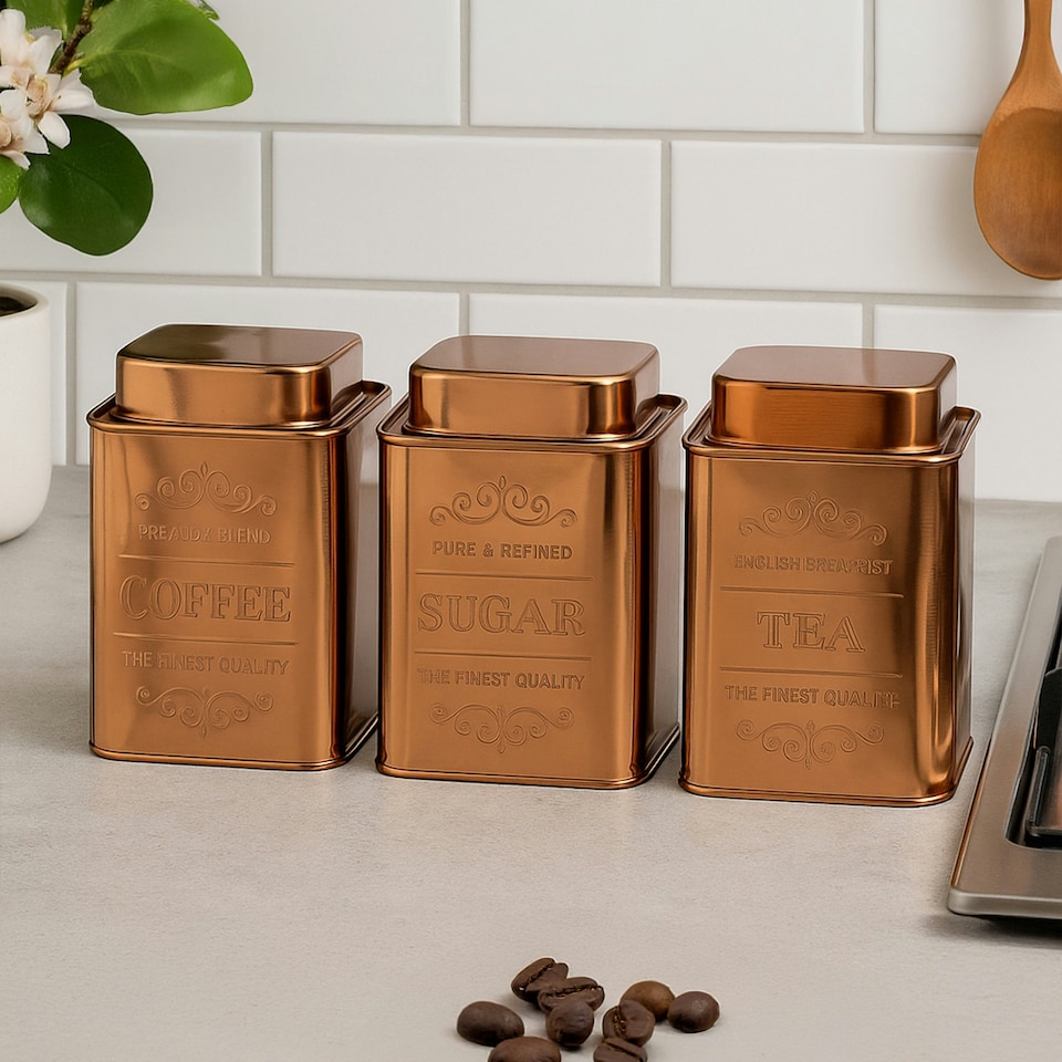 image 1 of Chai Set of 3 Copper Finish Storage Canisters Gold