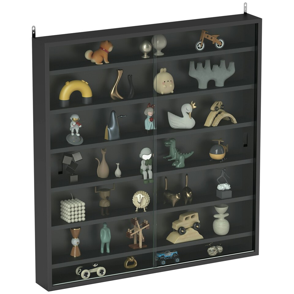 image 1 of HOMCOM Wall Display Cabinet w/ Shelves Glass Doors Yellow