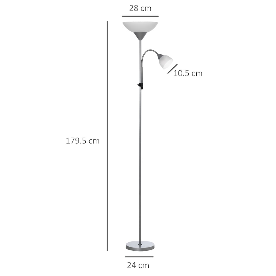 image 1 of HOMCOM LED Floor Lamp for Living Room, 180cm Tall Standing Lamp, Mother and Child Uplighter with Adjustable Gooseneck, Silver Tone