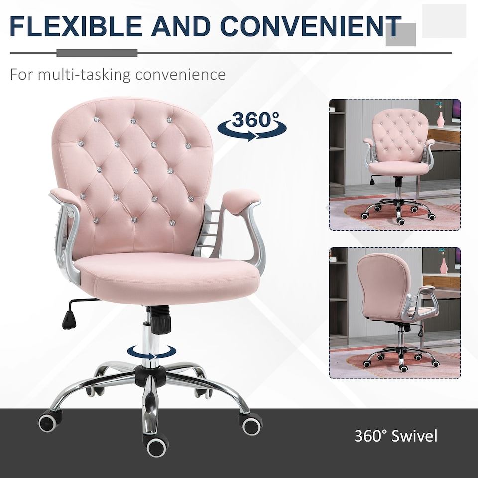 image 1 of Vinsetto Office Chair Velour Diamond Tufted Padded Ergonomic 360° Swivel Pink