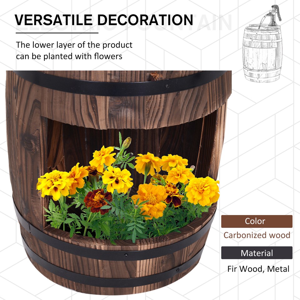 image 1 of Outsunny Wood Barrel Pump Garden Fountain Water Feature Flower Planter Stand New