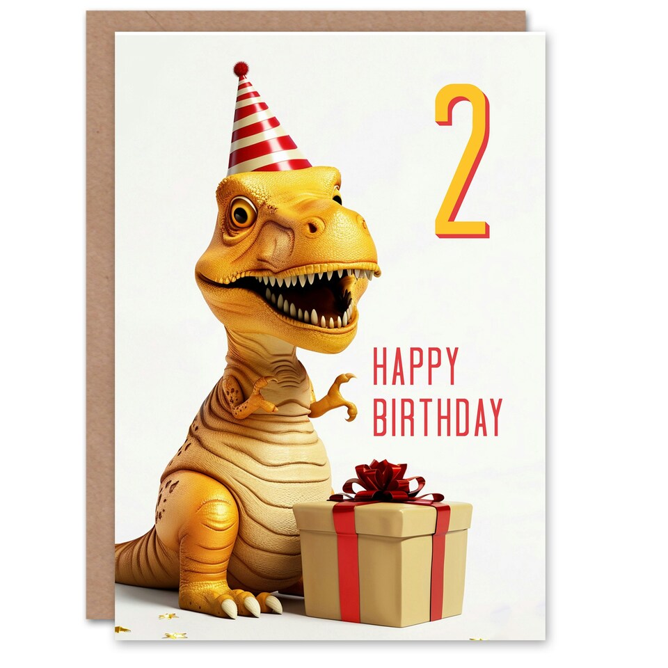 image 1 of T-Rex Dinosaur Party Hat Kids Age 2 Year Old Child Kids 2nd Birthday Card