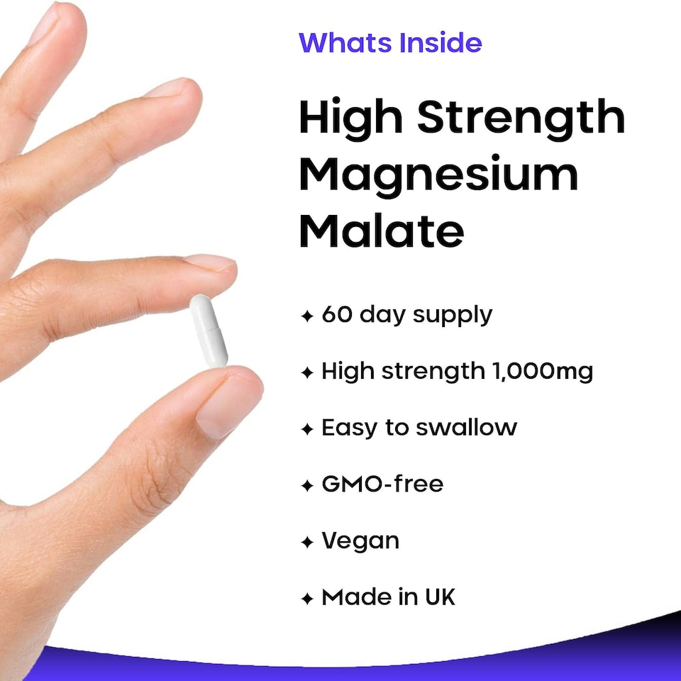 image 1 of Magnesium Malate Capsules - Bones & Joints, Sleep & Relaxation Support - Vegan 120 Capsules