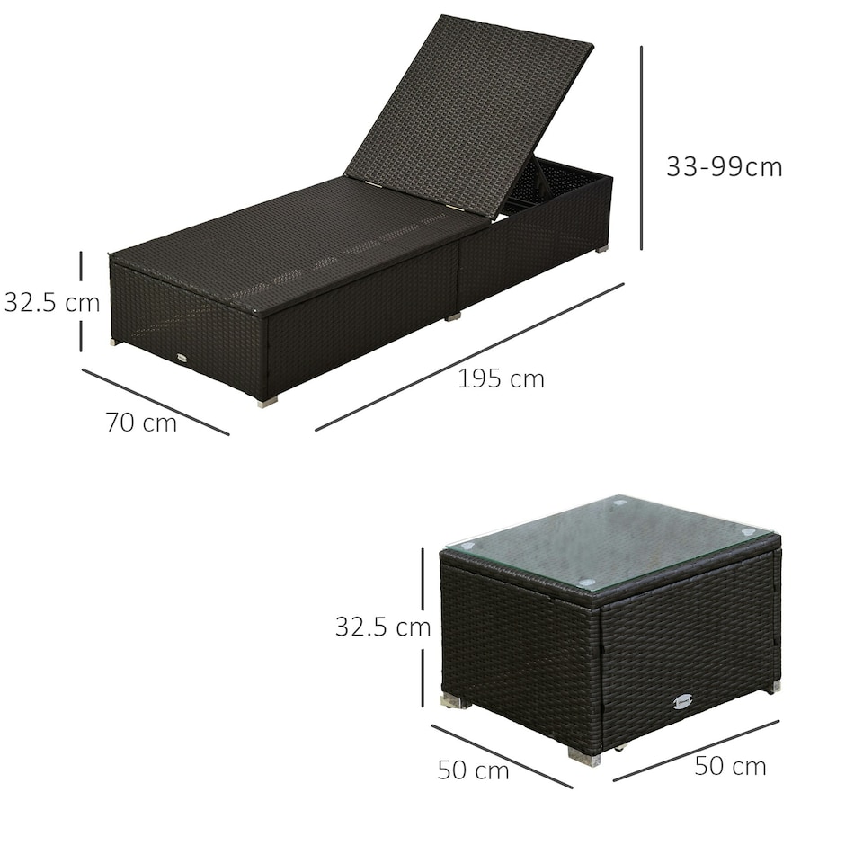 image 1 of Outsunny 3 Pieces Sun Lounger Rattan Furniture Recliner Wicker Brown Garden