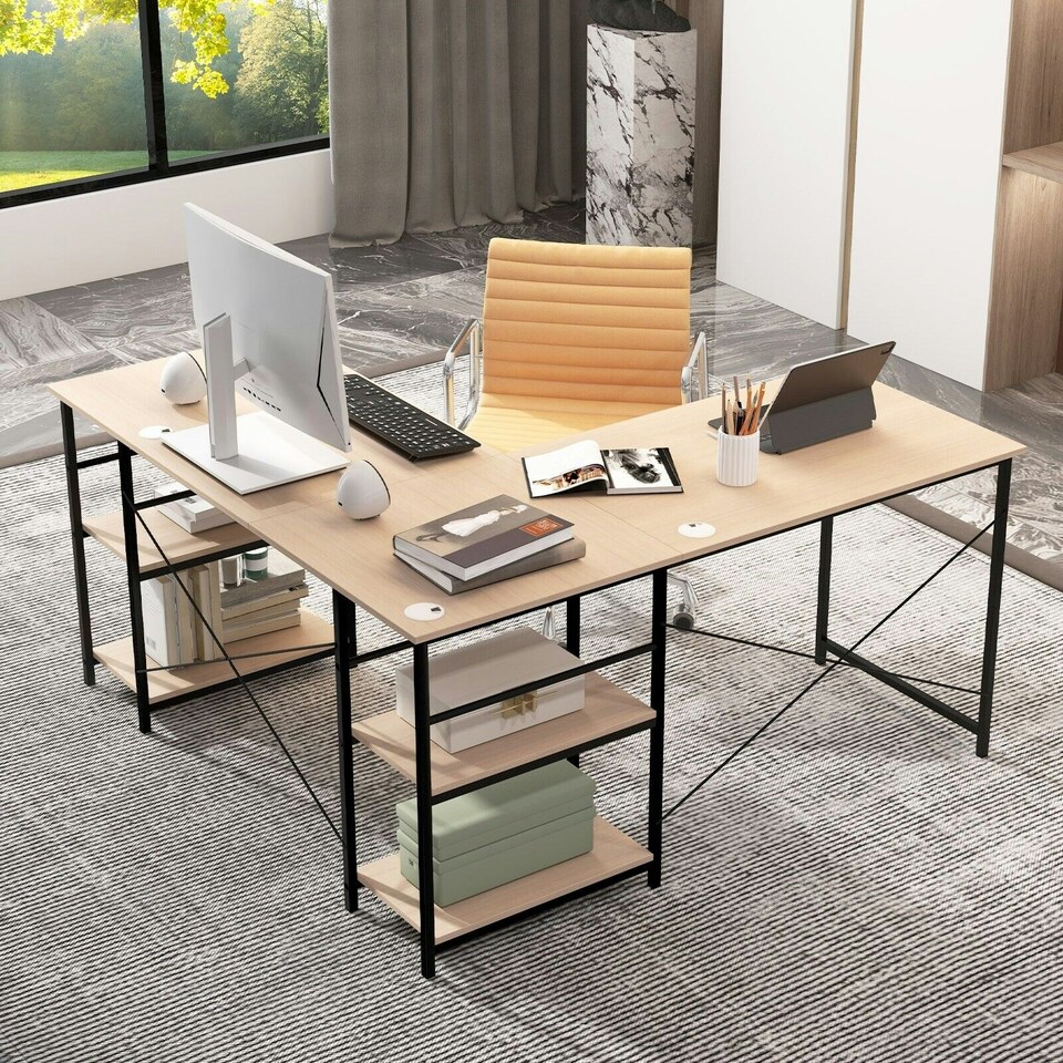 image 1 of COSTWAY L-Shaped Computer Desk Writing Desk Workstation Natural N/A