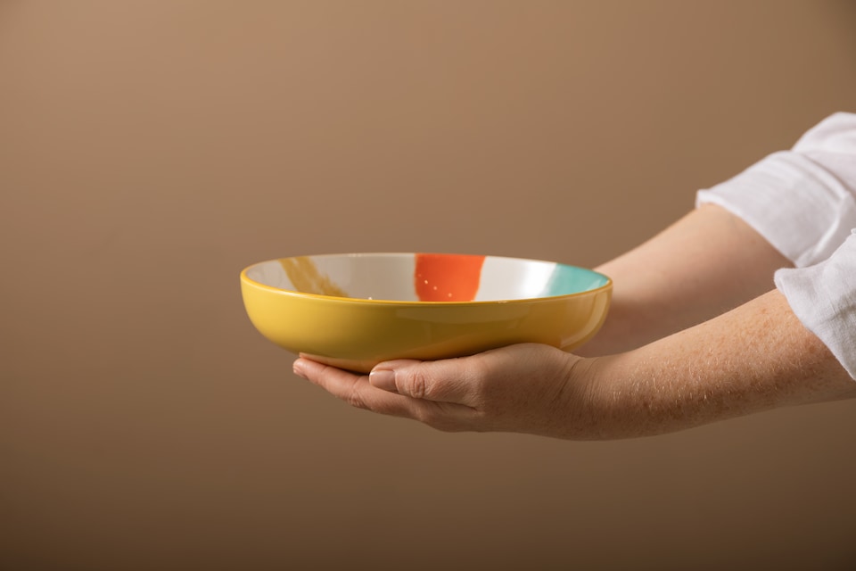 image 1 of Mikasa Set of 4 Yellow Abstract 2 Toned Stoneware Pasta Bowls