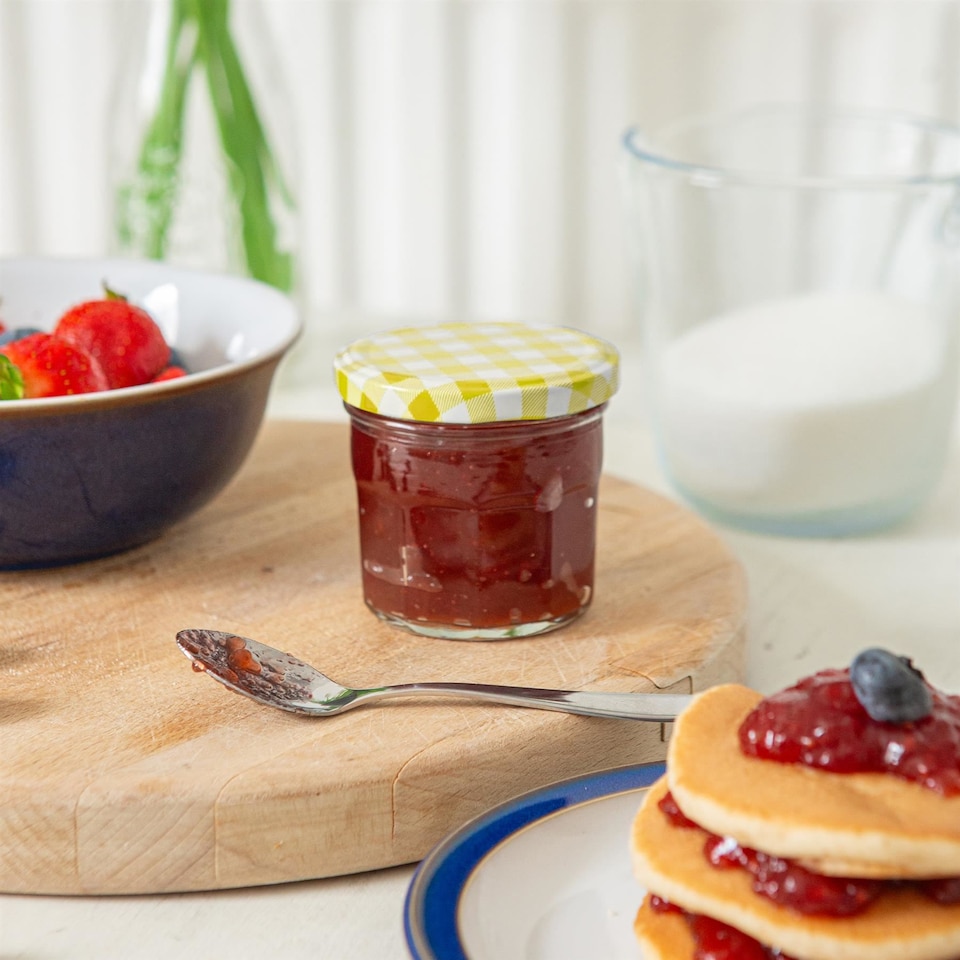 image 1 of Argon Tableware Glass Jam Jars with Yellow Gingham Lids - 130ml - Pack of 6