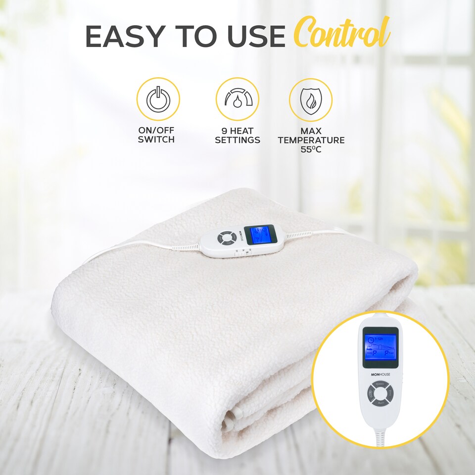 image 1 of MONHOUSE Fleece Electric Heated Under Blanket - Single 90x190cm - Detachable & Machine Washable - Controller Multi Zones, 9 Heat Settings | White | 1