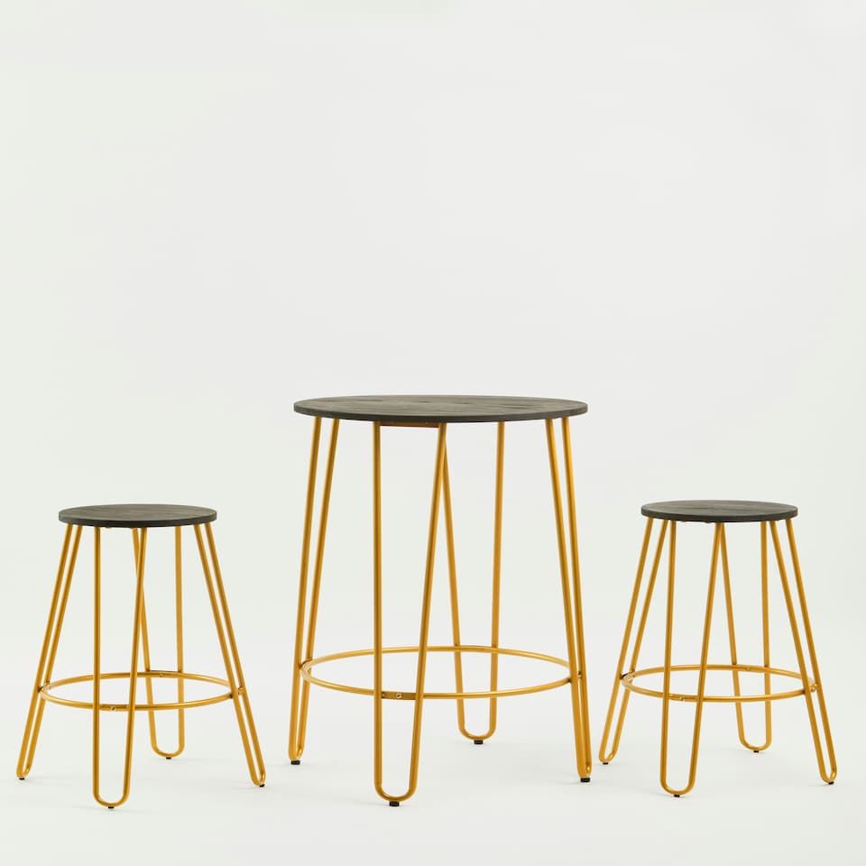 image 1 of Interiors by Premier Set of 3 Gold Frame Bar Table Stool Set , Hairpin Stool for Kitchen Counter, Elm Wood Metal Frame Stool