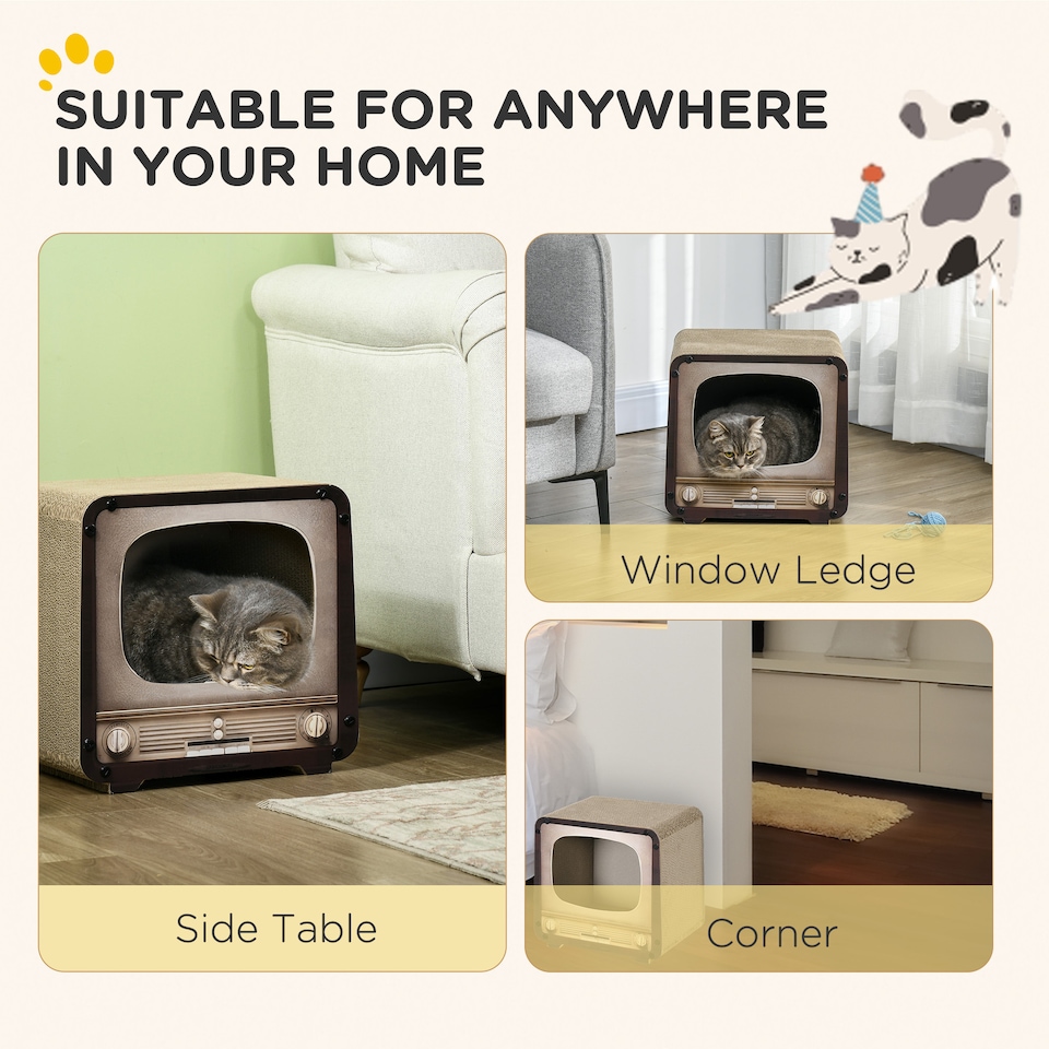 image 1 of PawHut 2 in 1 Cat House TV Shape Corrugated Cardboard with Catnip, Brown