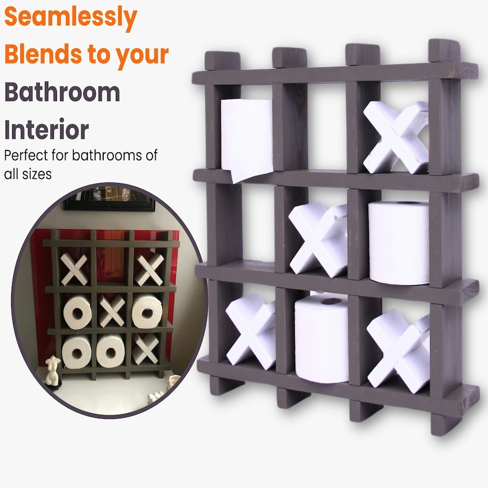 image 1 of NOVECRAFTO Tic Tac Toe Wall Mounted Toilet Paper Holder – Handmade Xs and Os Noughts and Crosses Toilet Roll Storage Rack