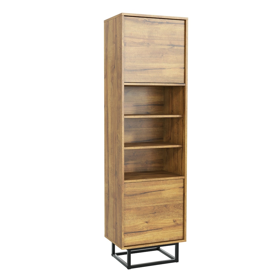 image 1 of Tall Display Cabinet 175cm – Oak Matt with Black Metal Frame & Hidden Storage N/A | Oak