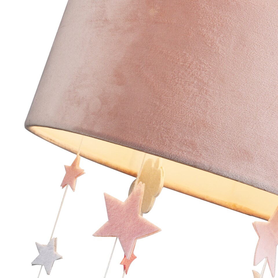 image 1 of Soft Blush Pink Velvet Pendant Lamp Shade with Hanging Felt Stars and Clouds | Pink