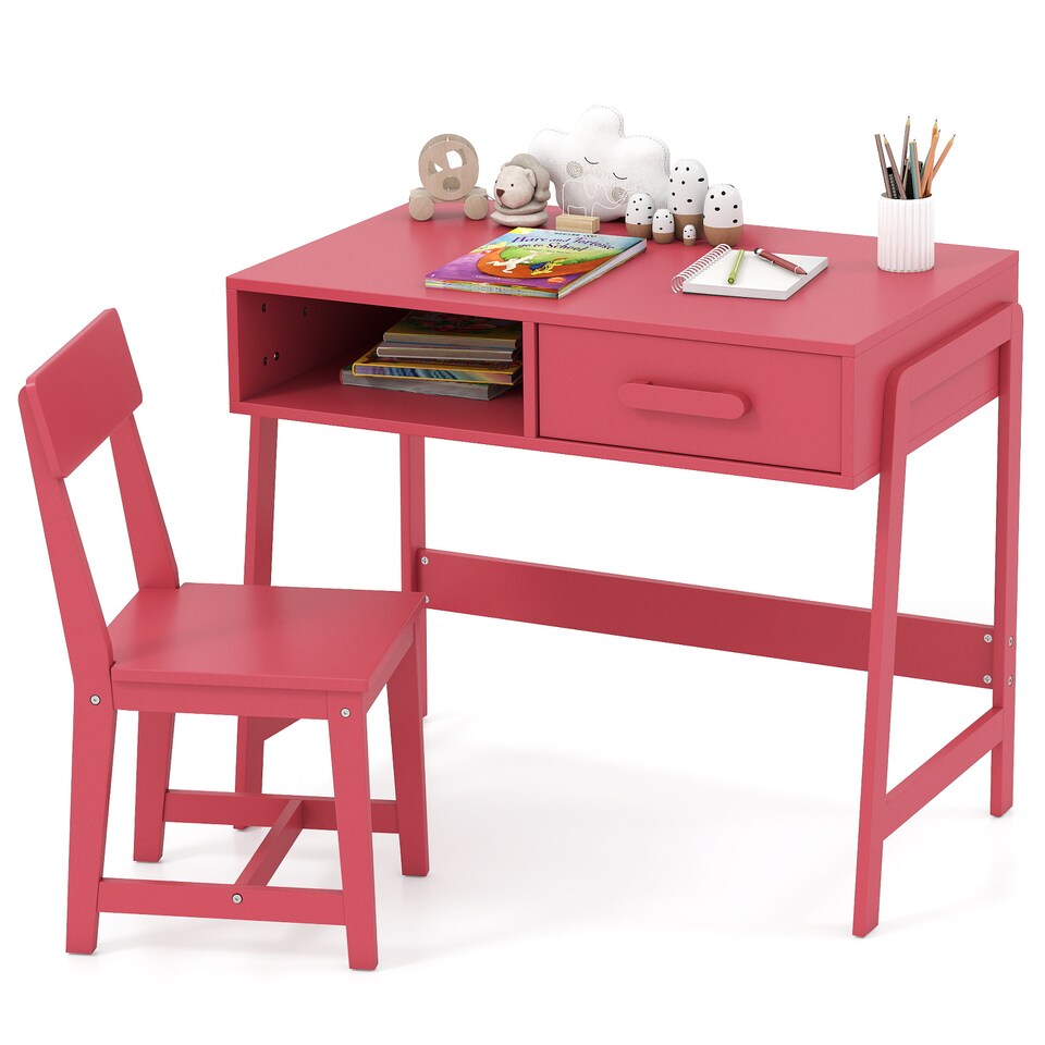 image 1 of COSTWAY Kids Desk and Chair Set with Drawer Pink