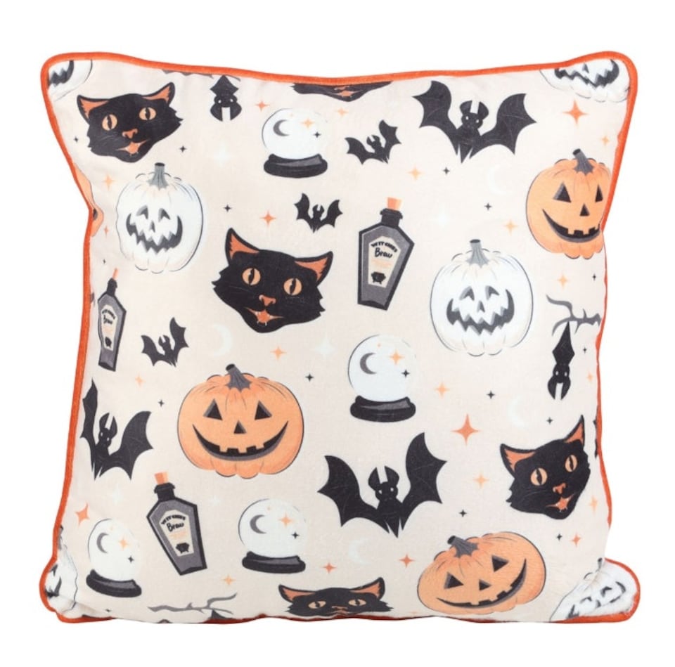 image 1 of Spooky Cat & Pumpkin Cushion
