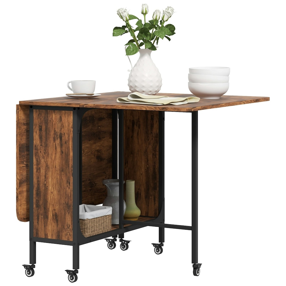 image 1 of HOMCOM Mobile Drop Leaf Dining Table on Wheels with Storage Shelf Rustic Brown