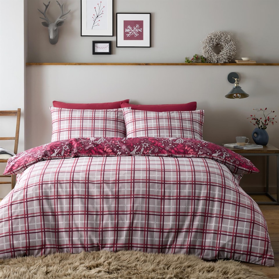 image 1 of Winter Stags Christmas Red Duvet Cover Set | Red | Burgundy | Single