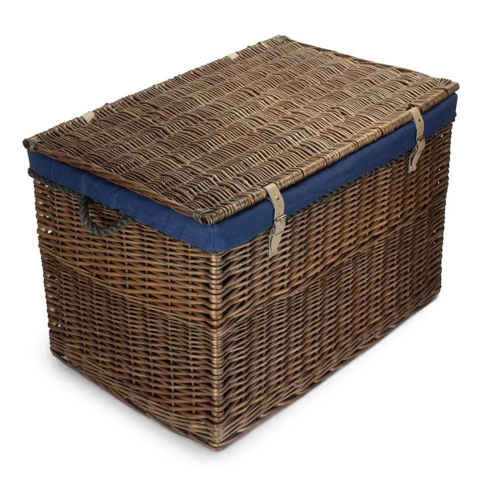 image 1 of Large Antique Wash Storage Wicker Basket with Navy Lining | Blue | Blue