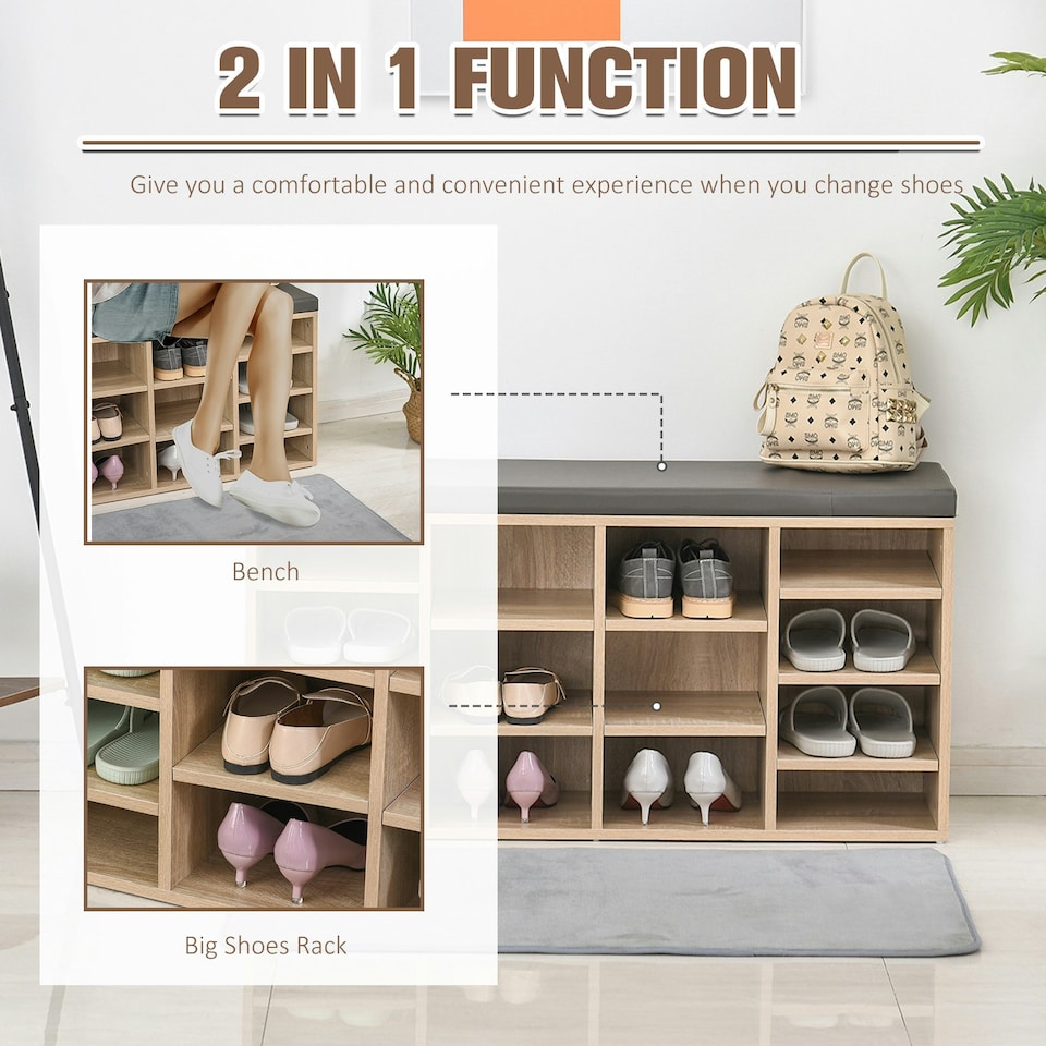 image 1 of HOMCOM Multi-Storage Shoe Rack 14 Compartments Cushion Moving Shelves Home Brown White