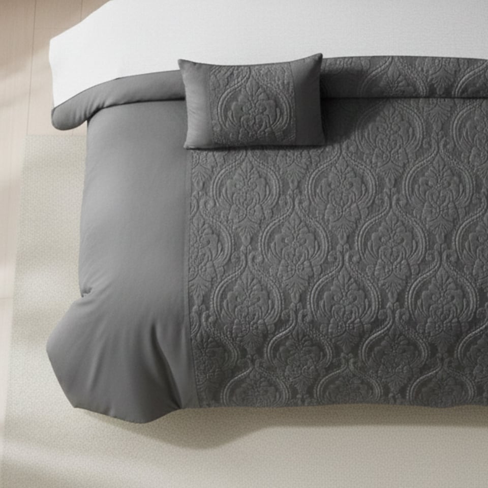 image 1 of Damask Velvet Border Duvet Cover Elegant Soft Touch Luxury Bedding | Grey | Single
