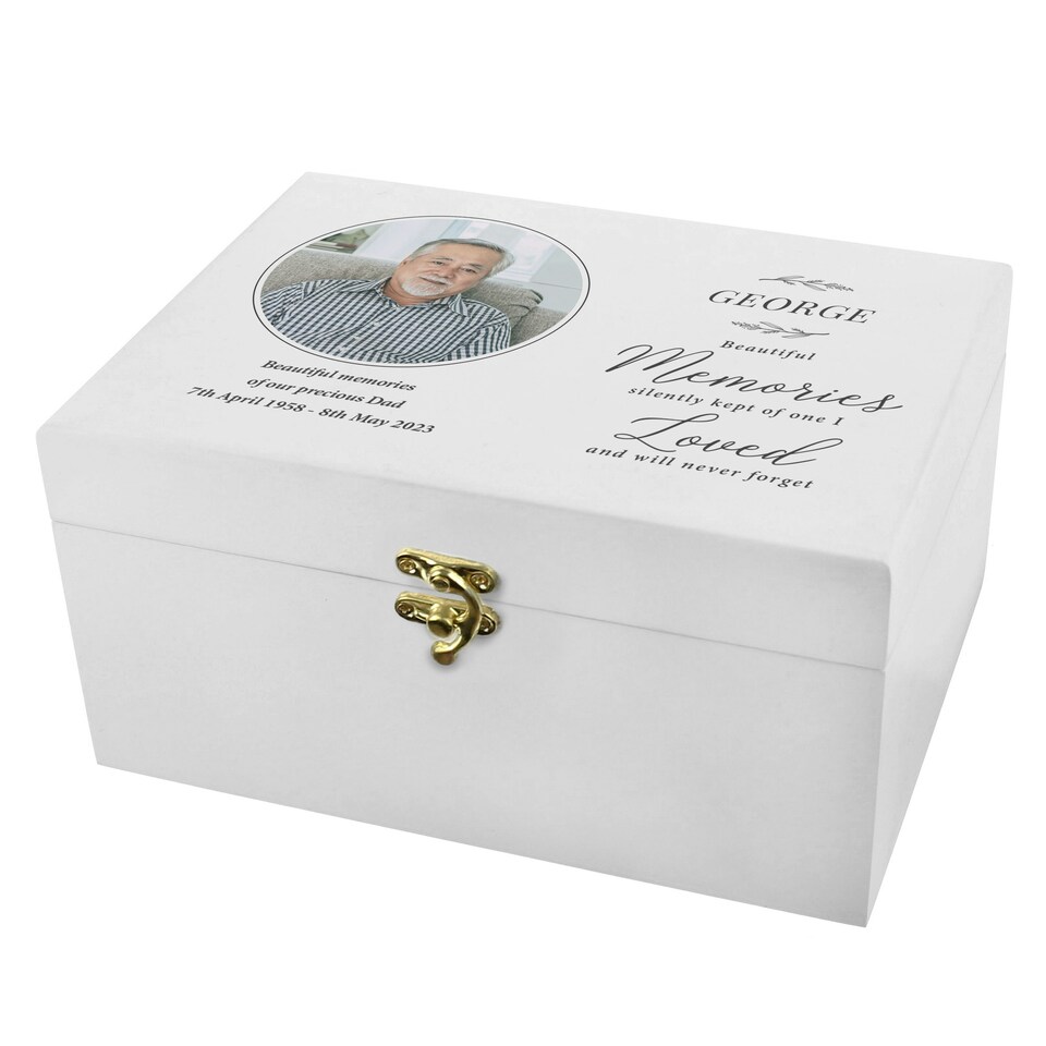 image 1 of Personalised Memorial Photo Upload White Wooden Box White