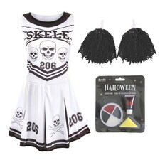 Skeleton Cheerleader - Facepaint and Black Pom Poms | Multi | XL