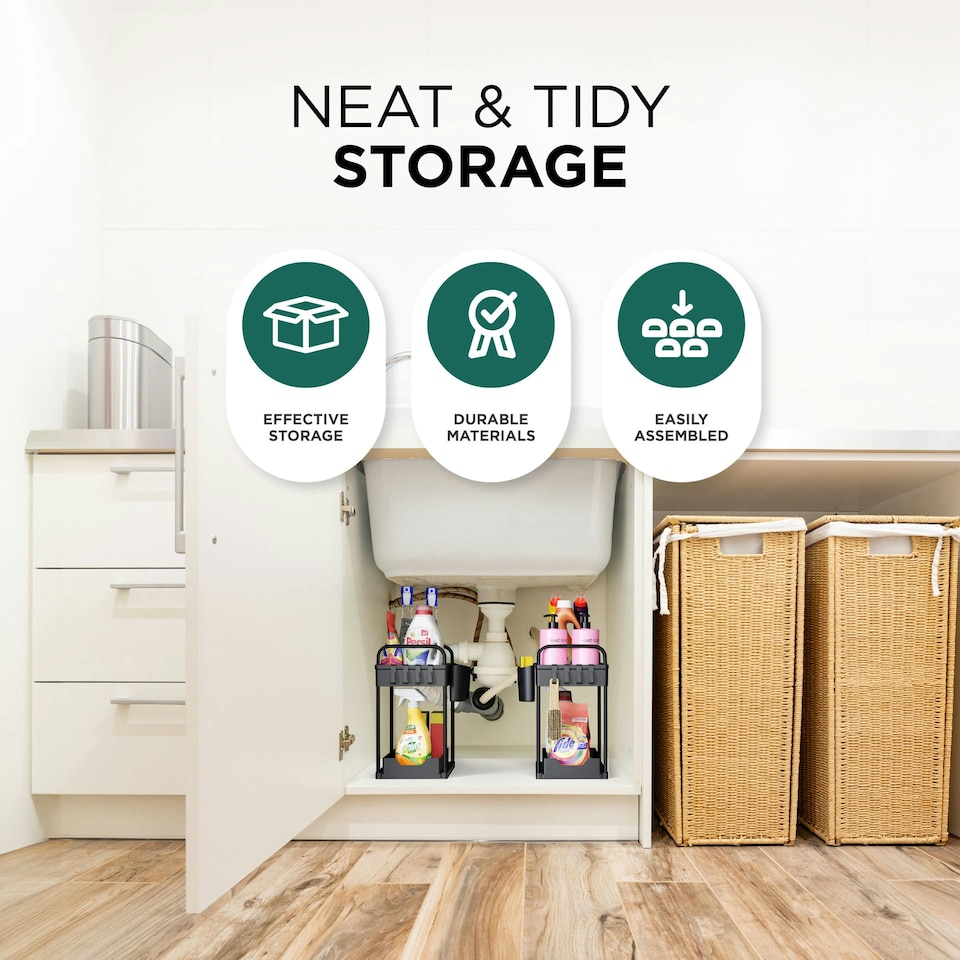 image 1 of DMD 2 Pack Under Sink Storage Kitchen Organiser with Pull Out Shelf Black