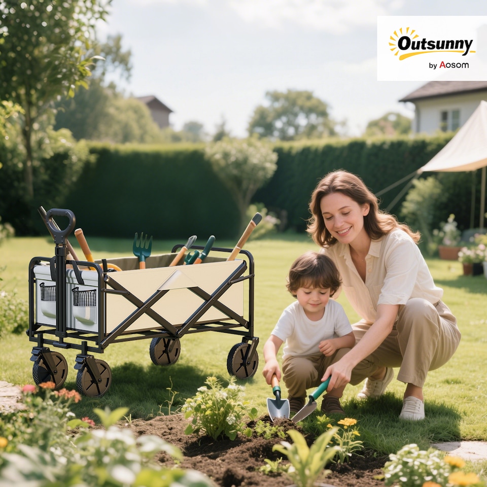 image 1 of Outsunny Folding Outdoor Storage Trolley Cart Bag Telescopic Handle Brakes Grey