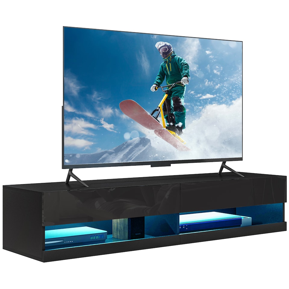image 1 of HOMCOM Floating TV Unit, Wall Mounted TV Cabinet for TVs up to 65 , High Gloss Media Wall Unit with LED Lights, Storage Shelves for Living Entertainment Room, Black