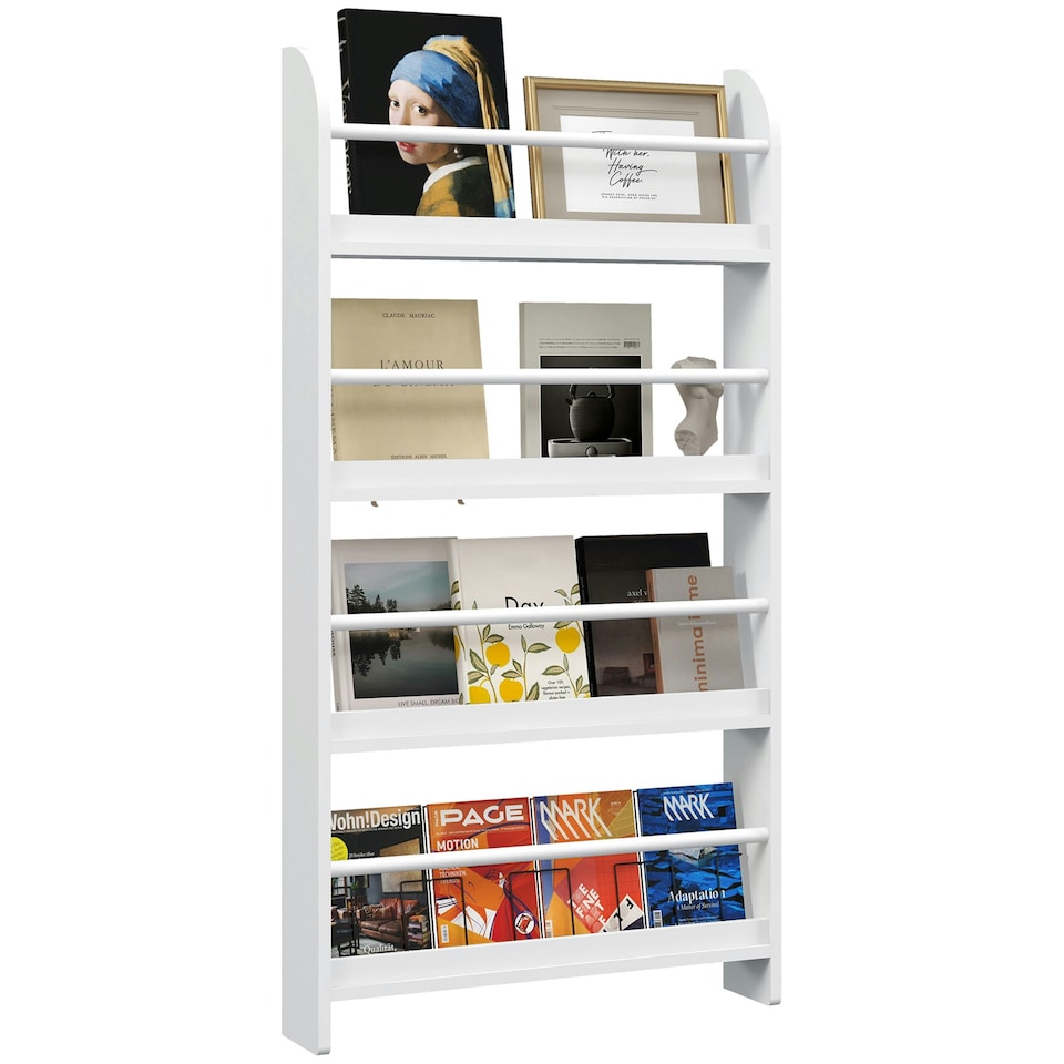 image 1 of HOMCOM Bookcase, 4 Tier Wall Mounted Bookshelf, 15cm Depth Storage Shelving Rack for Bedroom Nursery Office Home, Accessories Supplies, White