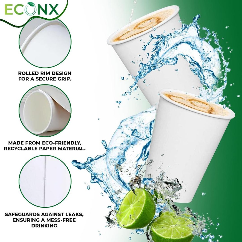 image 1 of ECONX 8oz Disposable Single Wall White Paper Cups Cold Coffee Drinks Takeaway Cups Pack Of 50