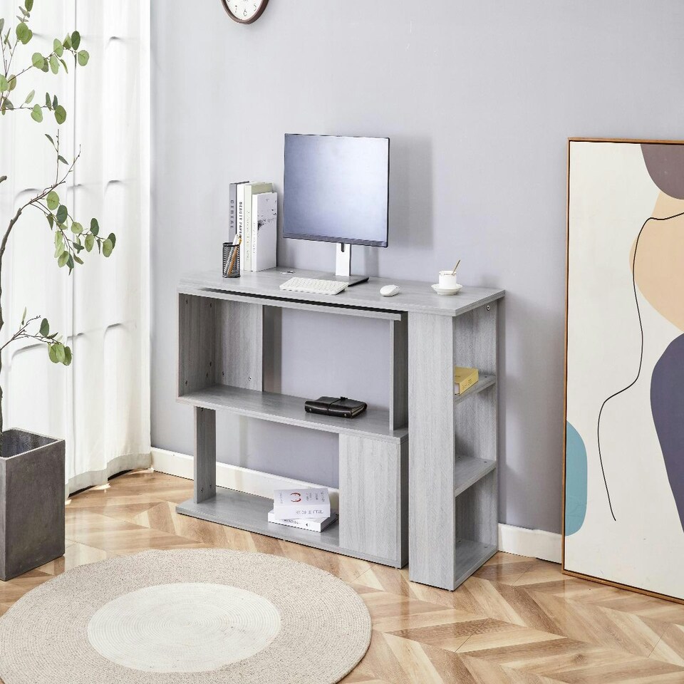 image 1 of Grey Office Desk L-shaped with Mobile Storage Drawer Unit Wooden Room Furniture Grey