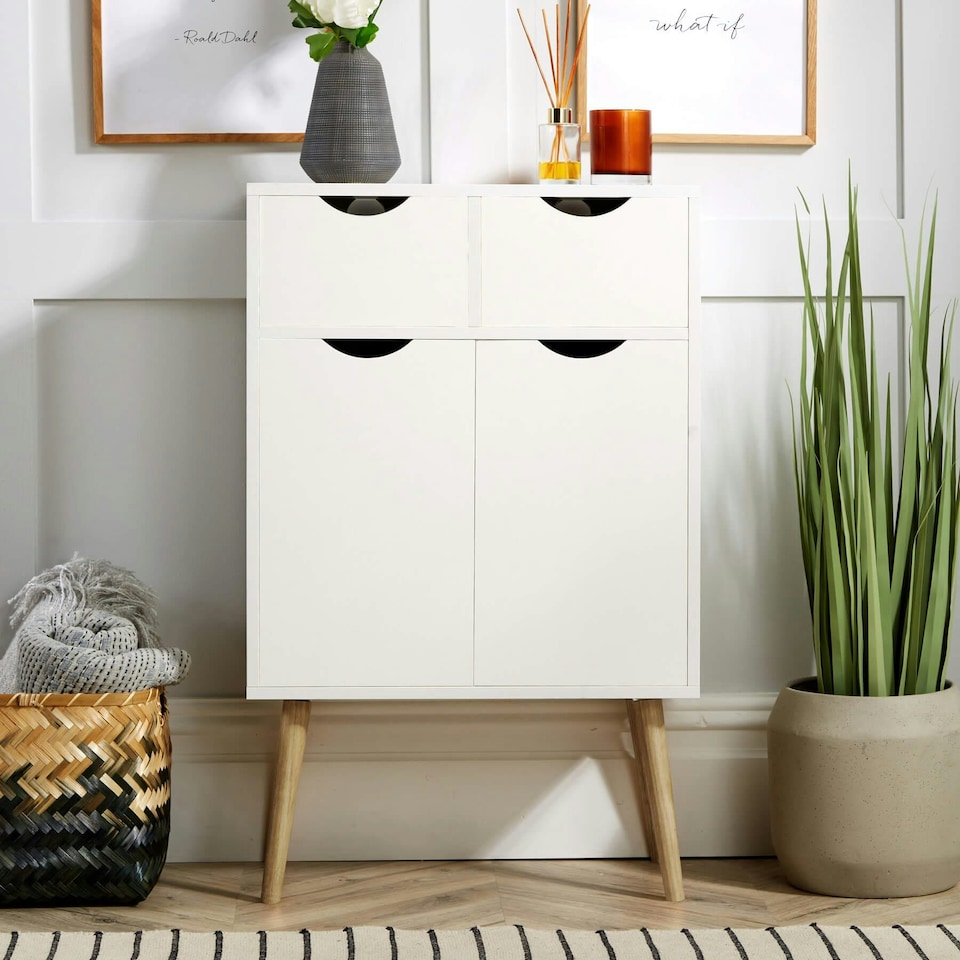 image 1 of Sideboard Storage Cabinet With Drawers Cupboard Solid Wood Legs White | 2 Door 2 Drawers