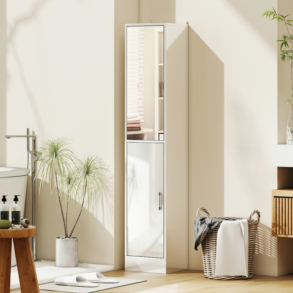 image 1 of kleankin Tall Bathroom Cabinet with Mirror, High Gloss White | White | 162H x 32W x 28D cm