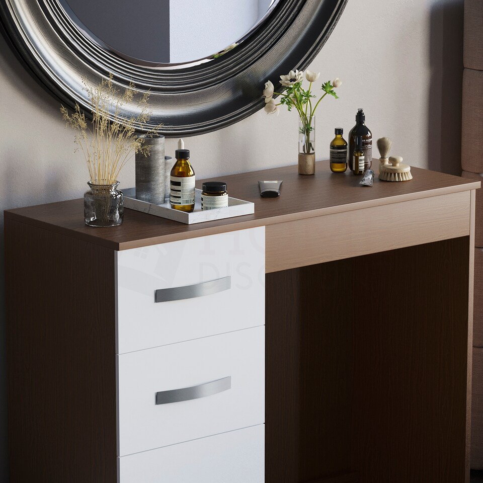 image 1 of Vida Designs Hulio 3 Drawer Dressing Table High Gloss Vanity Makeup Desk, Walnut & White