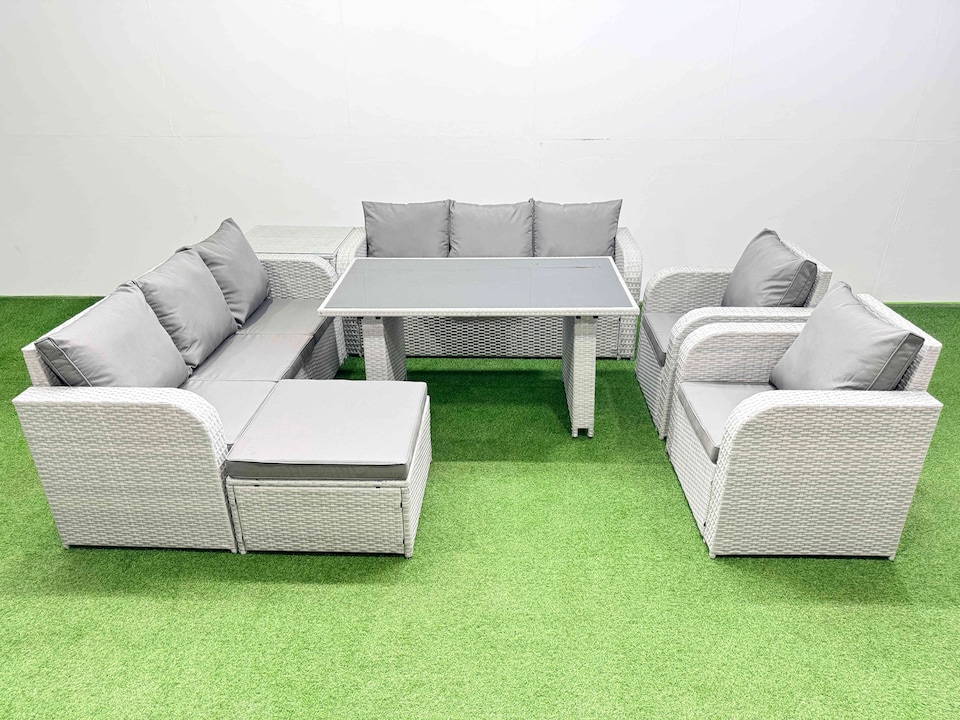 image 1 of Fimous 9 Seater Wicker PE Rattan Furniture Outdoor Dining Table 3 Seater Sofa Reclining Chair Set with Side Table Big Stool Light Grey