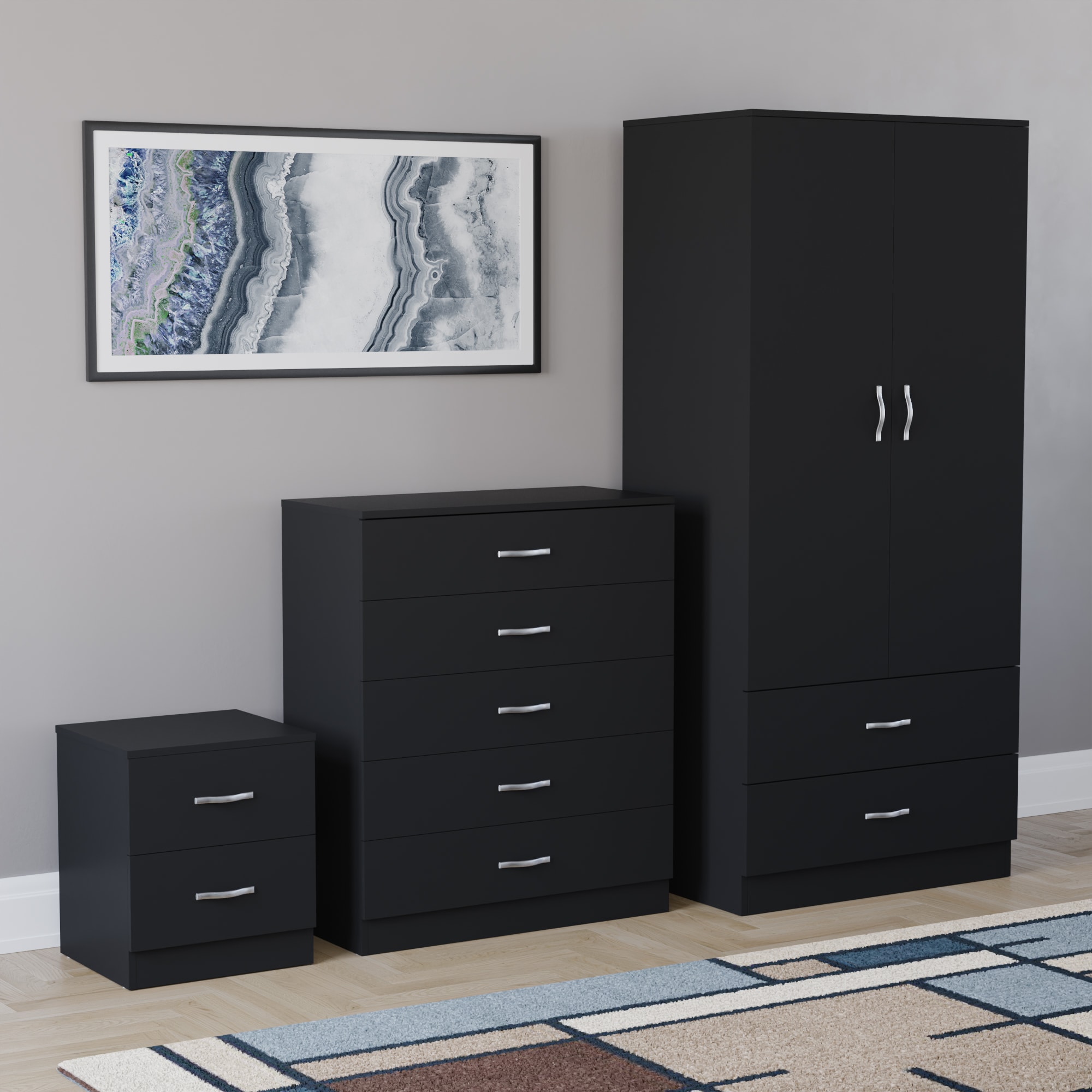 Vida Designs Riano 3 Piece Bedroom Set (2 Drawer Bedside Chest, 5 Drawer Chest, 2 Door 2 Drawer Wardrobe) - Black