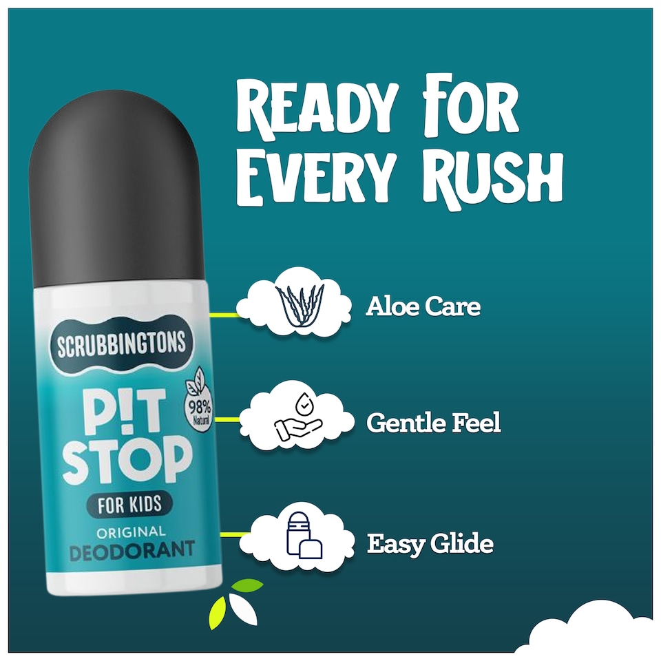 image 1 of Scrubbingtons Pit Stop Kids Deodorant Natural Roll On For Children, Teens Natural Ingredients For Sensitive Skin. Paediatrician approved, Aluminium & Alcohol Free, Original, 75ml