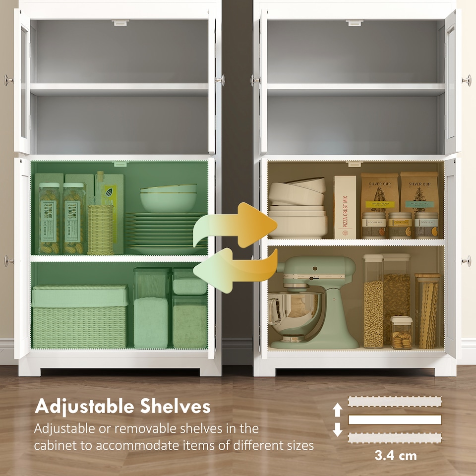 image 1 of HOMCOM Freestanding Kitchen Cupboard, 4-Door Storage Cabinet with Adjustable Shelf and Glass Doors for Dining Room, Living Room, White