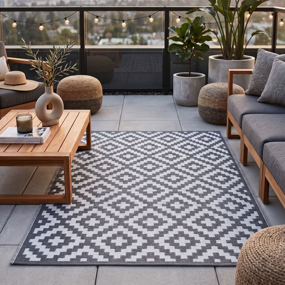 image 1 of Homescapes Outdoor Rug Luxury Waterproof Reversible Recycled, For Garden & Patio, Zoe Geometric Design | Grey | Grey and White