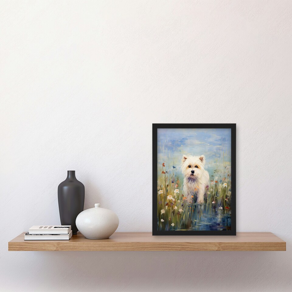 image 1 of West Highland Terrier Claude Monet Style Dog Black Framed Wall Art Print A4