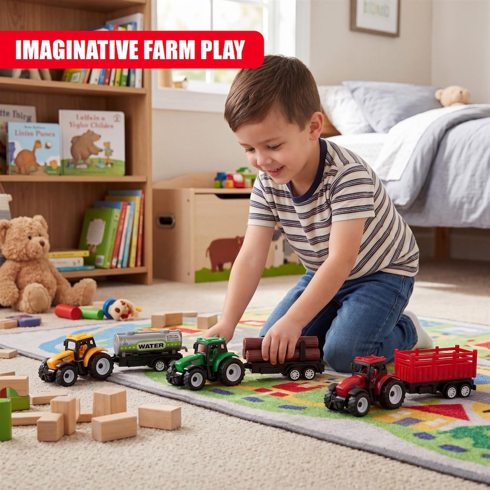 image 1 of The Magic Toy Shop Farm Tractor Trailer Toy Set Durable Plastic Playset for Kids Fun