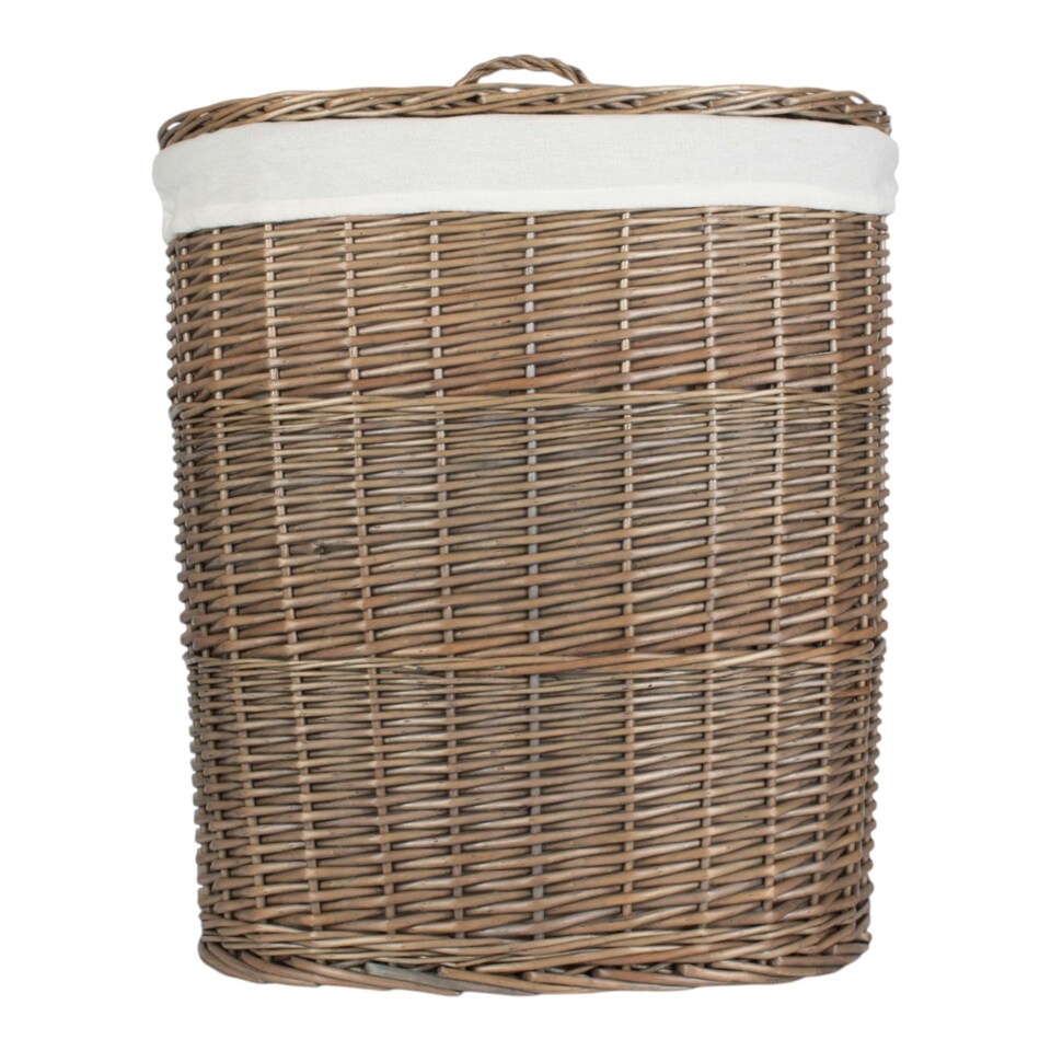 image 1 of Antique Wash White Cotton Lined Oval Willow Laundry Basket