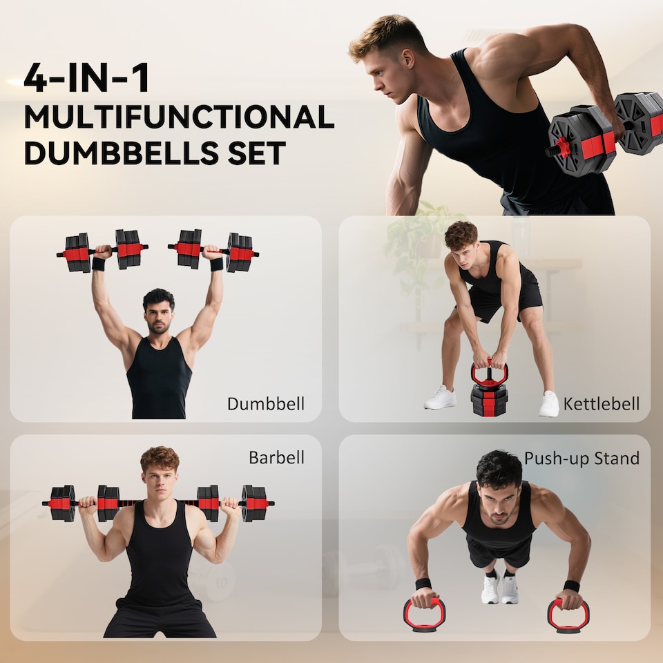 image 1 of SPORTNOW 4-in-1 Adjustable Weight Dumbbells Set, Used as Kettlebell, Barbell, Dumbbell, Push-Up Stand, 20kg Free Weights Set for Men and Women Home Gym Training, Red